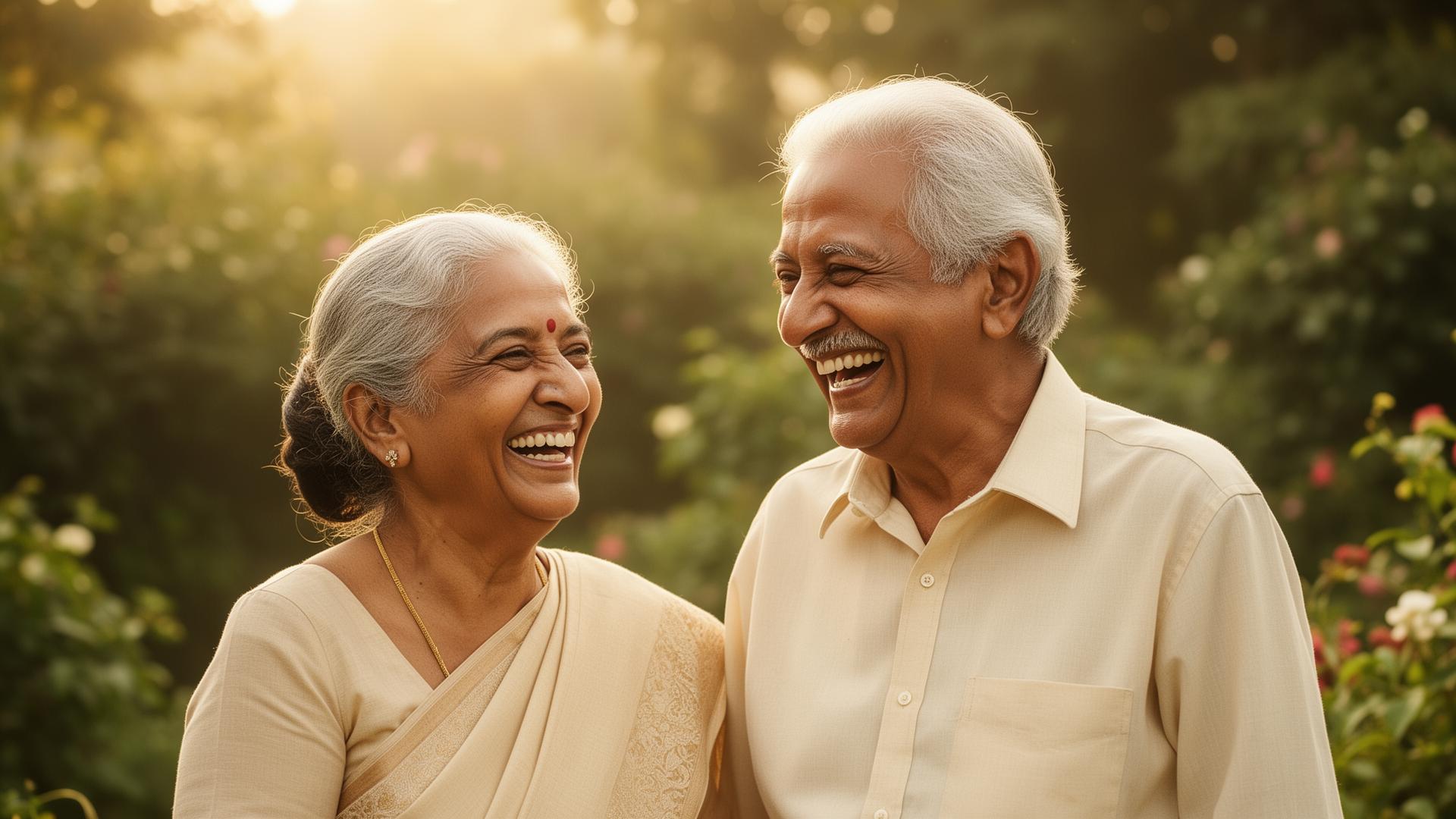 An older couple laughing together in a sunlit garden